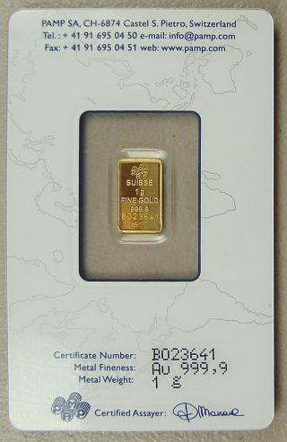 Pamp Suisse 1 Gram.  9999 Gold Bullion Bar photo
