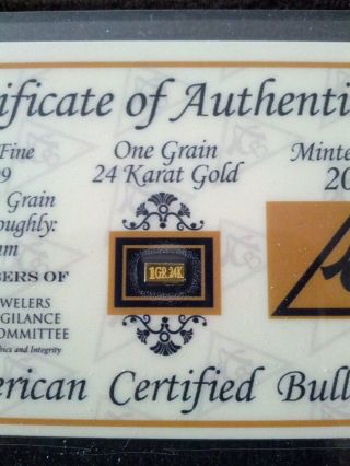 1 Grain 24k Solid Gold Bullion Acb Minted Bar 99.  99 Fine W/ Cert Of Authenticity photo