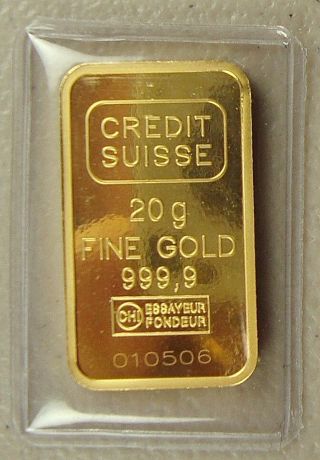 Large 20 Gram 24k.  9999 Credit Suisse Gold Bullion Bar photo