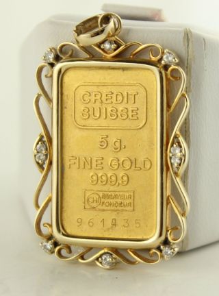 Very Pretty Credit Suisse 5g Gold Bar.  9999 Pendant Diamonds Swiss Switzerland photo