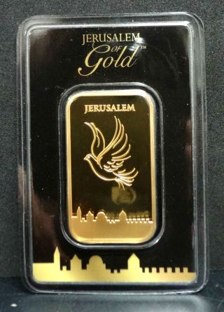 Jerusalem Of Gold The Holy Land 1 Oz 999.  9 Fine Gold Bar.  Box & photo