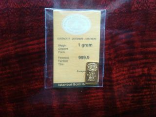 1 Gram 1996 Istanbul Pure Solid Fine 24k Gold 999.  9 Bar One Gram Igr photo