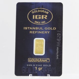 1gr Gold Bar - 999.  9 Fine Istanbul Gold Refinery Igr Iar Goldgram Certificate photo