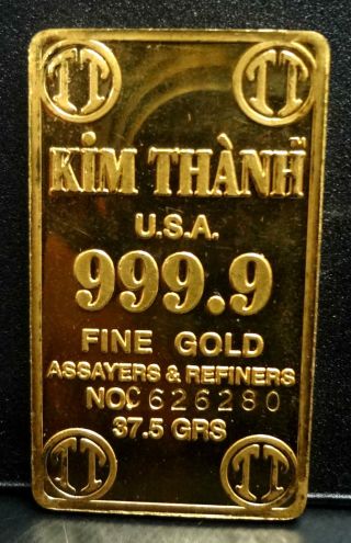 Kim Thanh Hong Kong 999.  9 Fine Gold Bar 1.  2 Oz photo