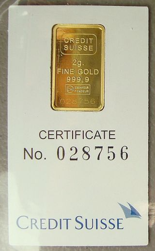 Credit Suisse 2 Gram.  9999 Gold Bullion Bar photo