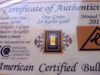 Vertical Fine Gold 99.  99 Pure 1grain Bullion Bar With Certificate Authenticity photo