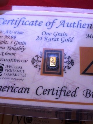 Vertical 1grain 24k Solid Gold Bullion Acb Minted Bar 99.  99 Fine W/ Certificate photo