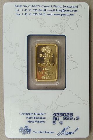 Pamp Suisse 5 Gram 24k.  9999 Pure Gold Bullion Art Bar photo