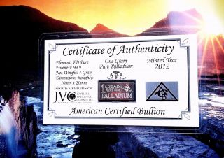 Certificate Of Authenticity (acb) Pure 99.  9 Palladium Bullion 1 Gram Bar Rare photo