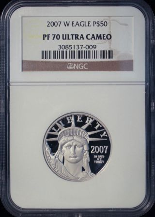 2007 W Pf - 70 $50 Dollar Coin Proof Platinum 1/2oz Eagle Liberty Statue Pf photo