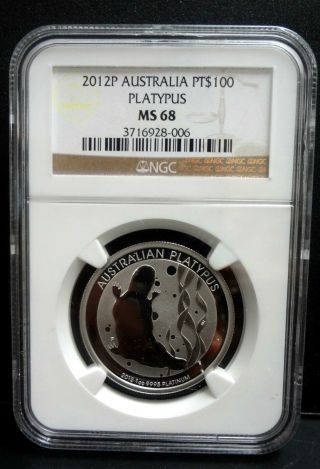 2012 P Australia $100 Platipus 1oz.  9995 Platinum Bullion Coin Ngc Ms 68 photo