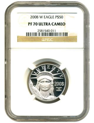 2008 - W Statue Liberty Platinum Eagle $50 Ngc Proof 70 Ucam - 1/2 Oz.  Platinum photo
