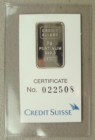 Credit Suisse 5 Gram.  9995 Pure Platinum Liberty Bullion Bar photo