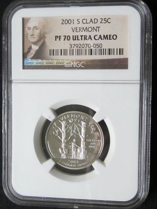 2001 S Clad Proof Vermont State Quarter - Ngc Pf 70 Ultra Cameo (050) photo