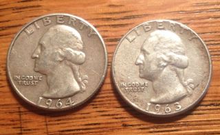 2 Washington Quarters 1963,  1964 90% Silver Circulated photo