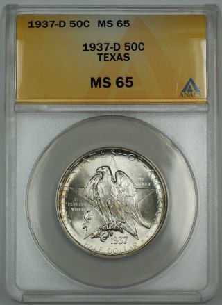 1937 - D Texas Silver 50c Commemorative Half Dollar Coin Anacs Ms - 65 Toned Dgh photo