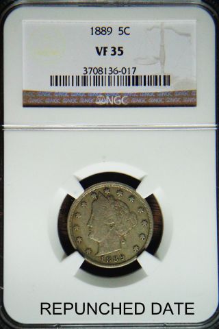 1889 - P Liberty Nickel Ngc Vf - 35 Rpd - 004 V Nickel Repunched 88 Date Error photo