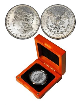 Silver Morgan Dollar - In Oak Wood Gift Box,  +coa - Scarce Silver Coin - Unc - Au photo