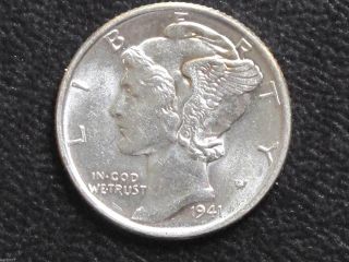 1941 - P Mercury Dime 90% Silver Uncirculated U.  S.  Coin D7332 photo