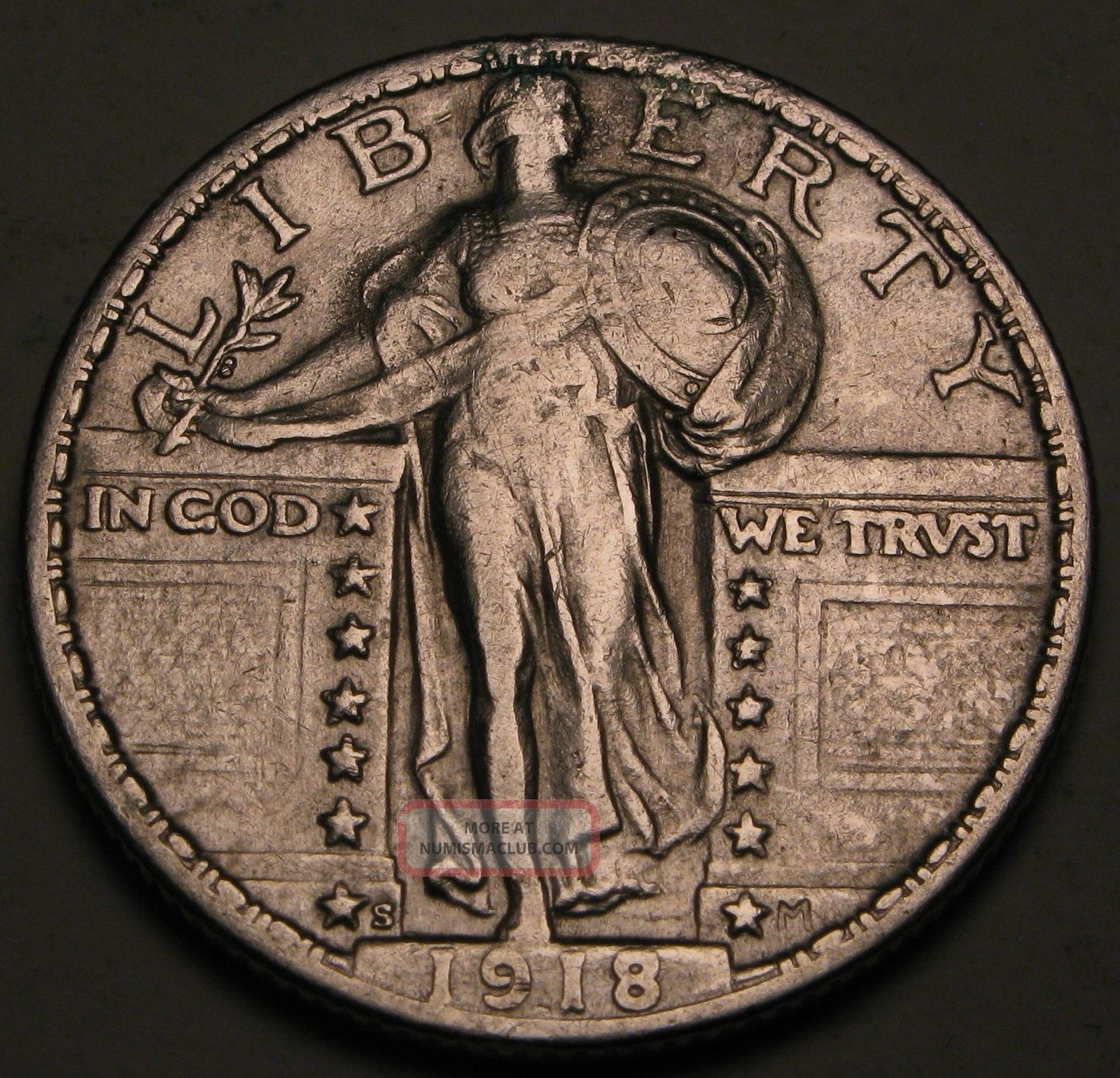 Usa Standing Liberty Quarter 1918 S Silver