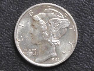 1941 - P Mercury Dime 90% Silver Uncirculated U.  S.  Coin D7334 photo