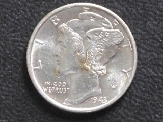 1943 - P Mercury Dime 90% Silver Uncirculated U.  S.  Coin D7352 photo