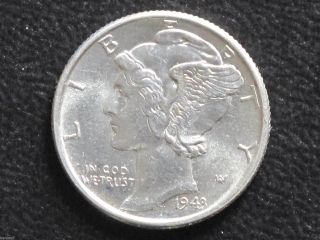 1943 - P Mercury Dime 90% Silver Uncirculated U.  S.  Coin D7354 photo