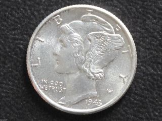 1943 - P Mercury Dime 90% Silver Uncirculated U.  S.  Coin D7355 photo
