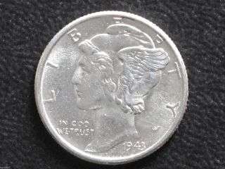 1943 - P Mercury Dime 90% Silver Uncirculated U.  S.  Coin D7356 photo
