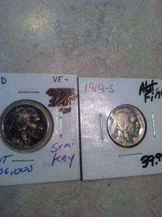 1919 - D Vf Details 1919 - S Vg+ Key Date Buffalo Nickels Uc - 758 photo
