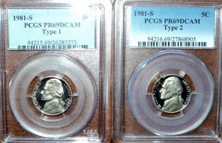 1981 - S Type 2 And Type 1 Jefferson Nickels Pcgs Proof 69 Deep Cameo photo