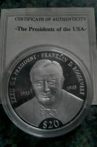 Franklin D Roosevelt Silver Liberia 20 Dollar Coin photo