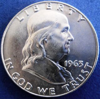 1963 - D Franklin Brilliant Uncirculated Silver Half Dollar - photo