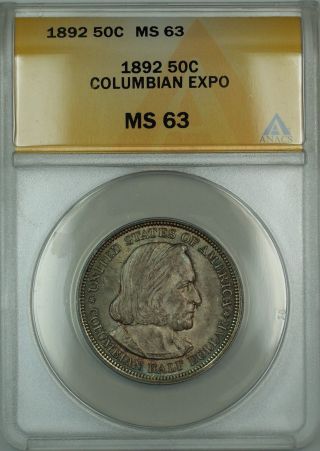 1892 Columbian Commemorative Silver Half Dollar Coin Anacs Ms - 63 Lightly Toned photo