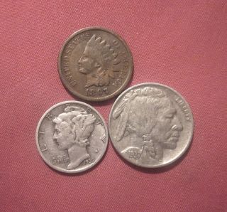 1897 Indian Cent - G+,  1937 Buffalo Nickel - Au,  1939 90% Silver Mercury Dime - Vf photo