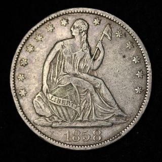 1858 - O Seated Liberty Half Dollar Choice Xf   photo