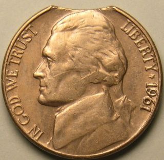 1961 D Jefferson Nickel,  (clipped Planchet) Error Coin,  Ae 391 photo