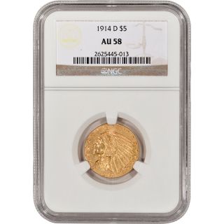 1914 - D Us Gold $5 Indian Head Half Eagle - Ngc Au58 photo