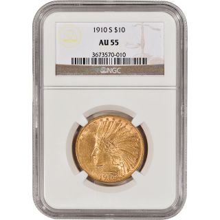 1910 - S Us Gold $10 Indian Head Eagle - With Motto - Ngc Au55 photo