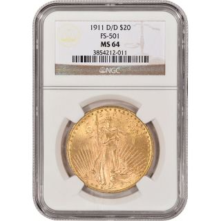 1911 - D/d Us Gold $20 Saint - Gaudens Double Eagle - Ngc Ms64 - Fs - 501 photo