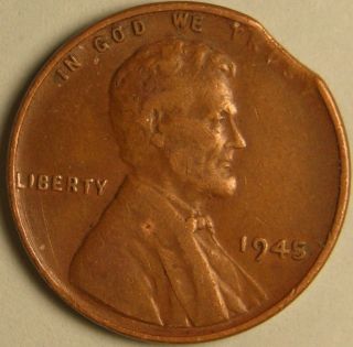 1945 P Lincoln Wheat Penny,  (clipped Planchet) Error Coin Ae 438 photo