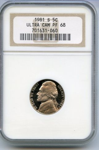 1981 - S Ngc Pf 68 Ultra Cameo Jefferson Nickel - Proof Coin - J5c Km101 photo