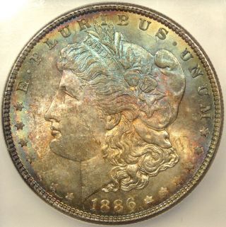 1886 Morgan Silver Dollar Icg Ms63 - Rainbow Tone photo