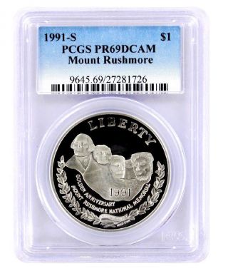 1991 - S Mount Rushmore Pcgs Pr69dcam Deep Cameo Proof Silver Dollar $1 Coin photo
