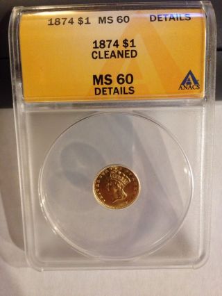 1874 Us Indian Head Large Head Gold Dollar $1 Coin Anacs Ms60 photo
