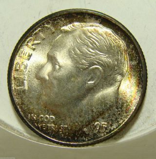 1951 - S Roosevelt 10 Cent Choice Uncirulated Pattern Rainbow Numismatic Patina. photo