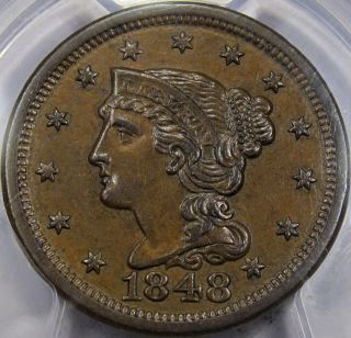 1848 N - 17 Braided Hair Large Cent Choice Pcgs Au - 58. . .  Pq Coin,  So photo