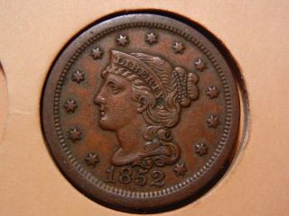 1852 Coronet Braided Hair Large Cent Penny Old Us Copper Coin photo