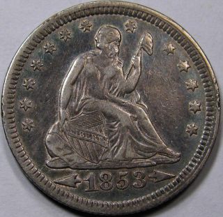 1853 Seated Liberty Quarter.  Au,  Surfaces.  Lovely Blue - Green Tone photo