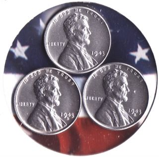 3 (unc) 1943 Lincoln Wheat Cents (e10) All 3 Mints 1/2 Price photo